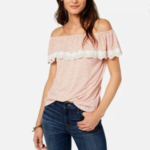 Tommy Hilfiger St Tropez Red White Stripe Top Off the Shoulder Ruffled Knit Tee